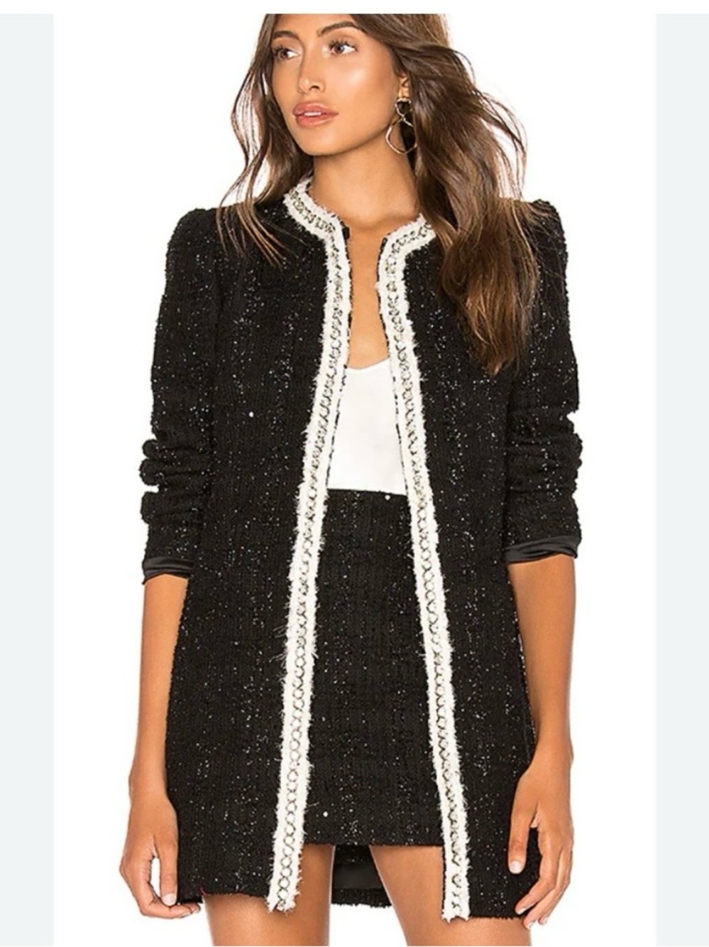 Alice + Olivia Black Tweed Jacket with Silver Rhinestone Trim